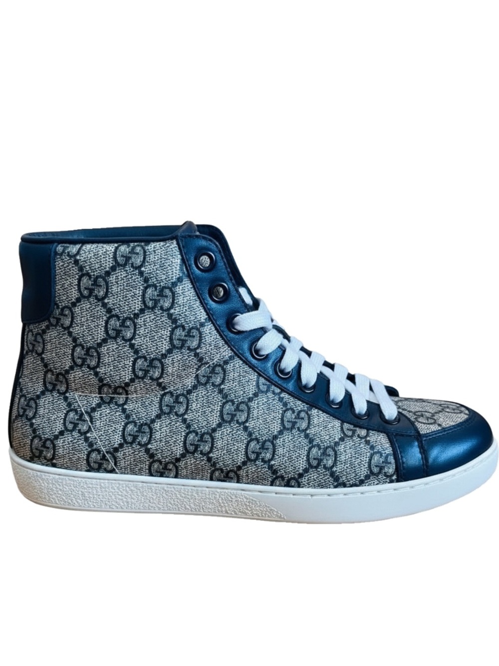 🛍️Gucci Authentic Navy GG Canvas High-Top Sneaker with White Laces